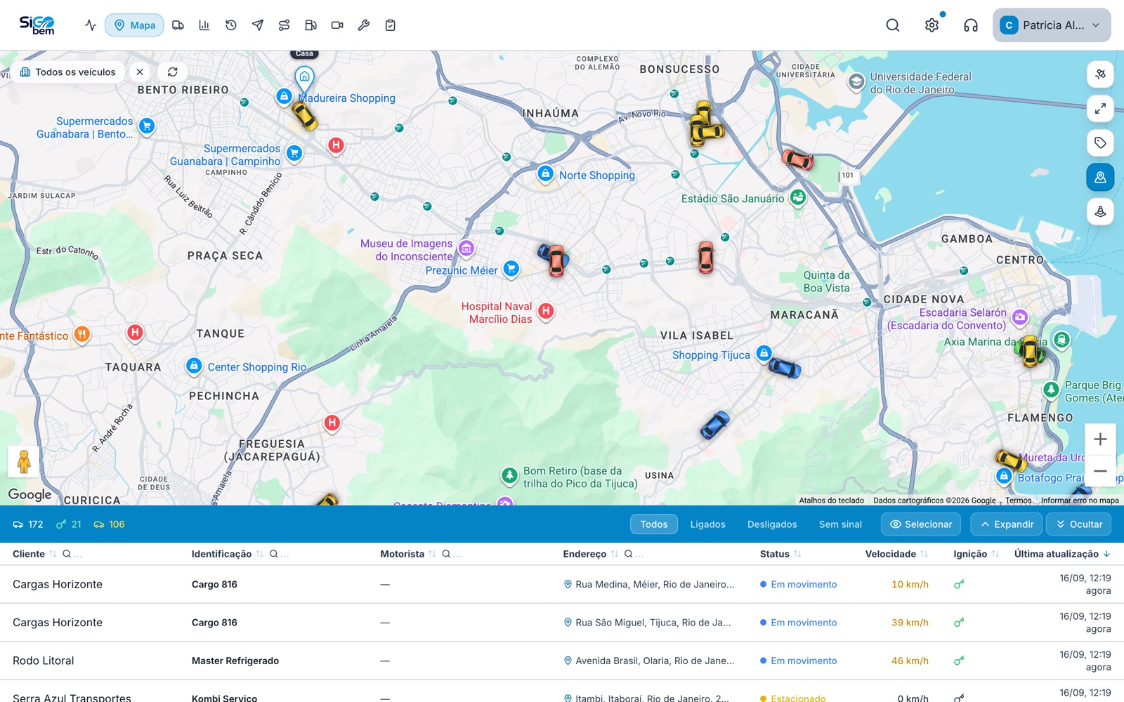 Mapa ao vivo do Sigo+ com a frota em tempo real
